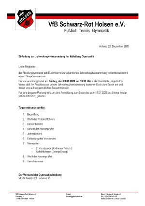 Einladung zur Jahreshauptversammlung der Abteilung Gymnastik für das Jahr 2026