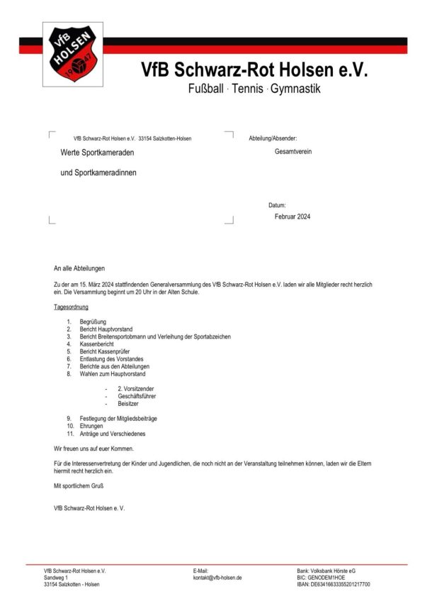 Einladung Generalversammlung 2024 VfB Holsen