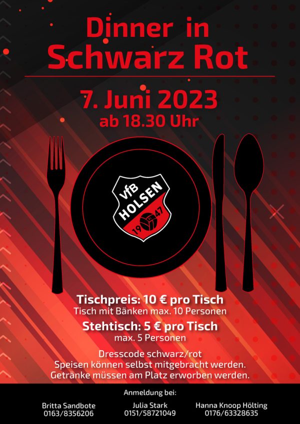 Plakat zum Dinner in Schwarz-Rot vom VfB Holsen 2023