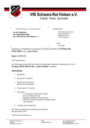 Einladung Jahreshauptversammlung Fußballabteilung 2026