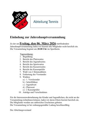 Einladung Jahreshauptversammlung Tennisabteilung 2026